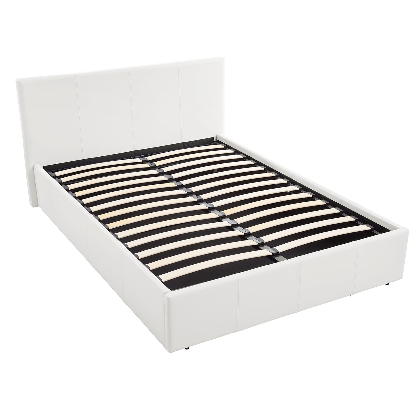 LUNA 4FT Small Double White Ottoman Storage Bed with Gas Lift - Faux Leather Fabric - L:203cm x W:138cm x H:88.5cm