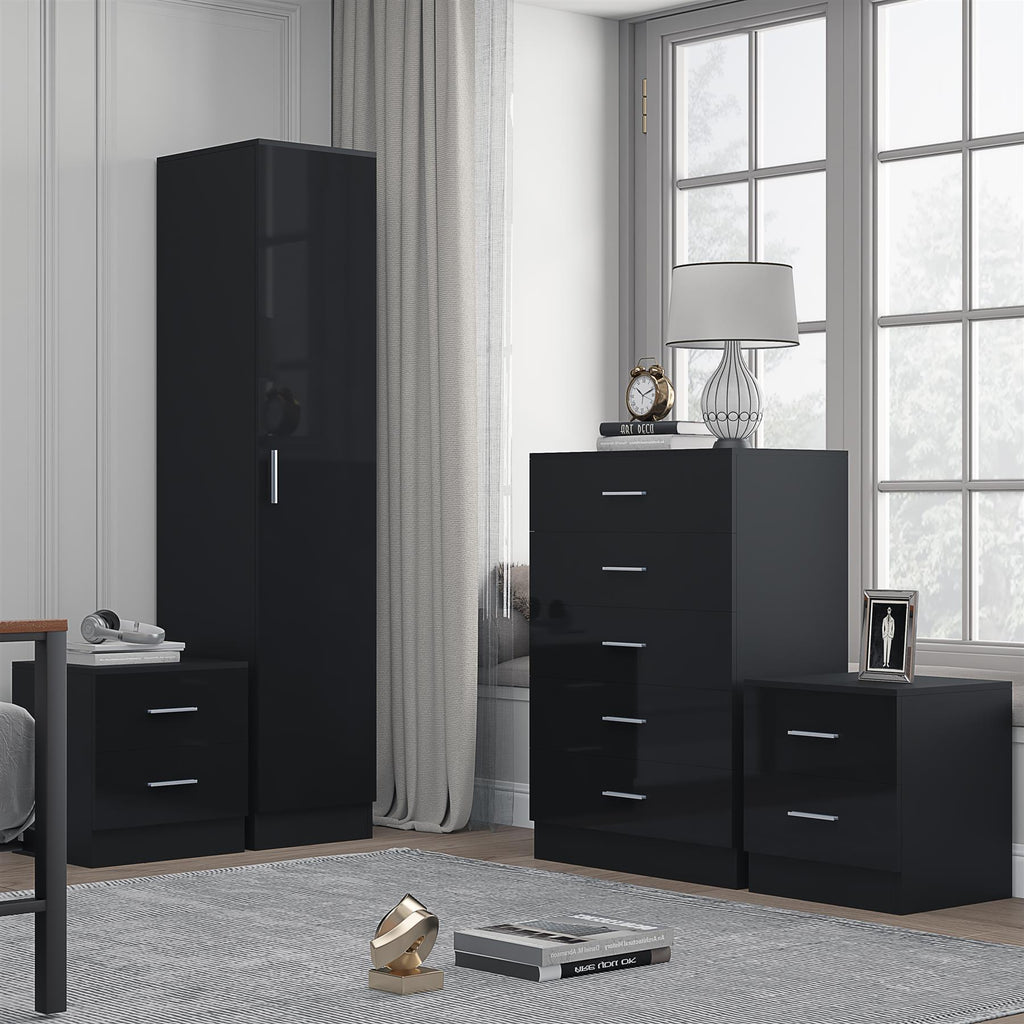 Reflect 1 Door Plain Wardrobe, 5 Drawer Chest, 2x 2 Drawer Bedsides - Black Gloss & Black Oak - Modern Bedroom Furniture Set