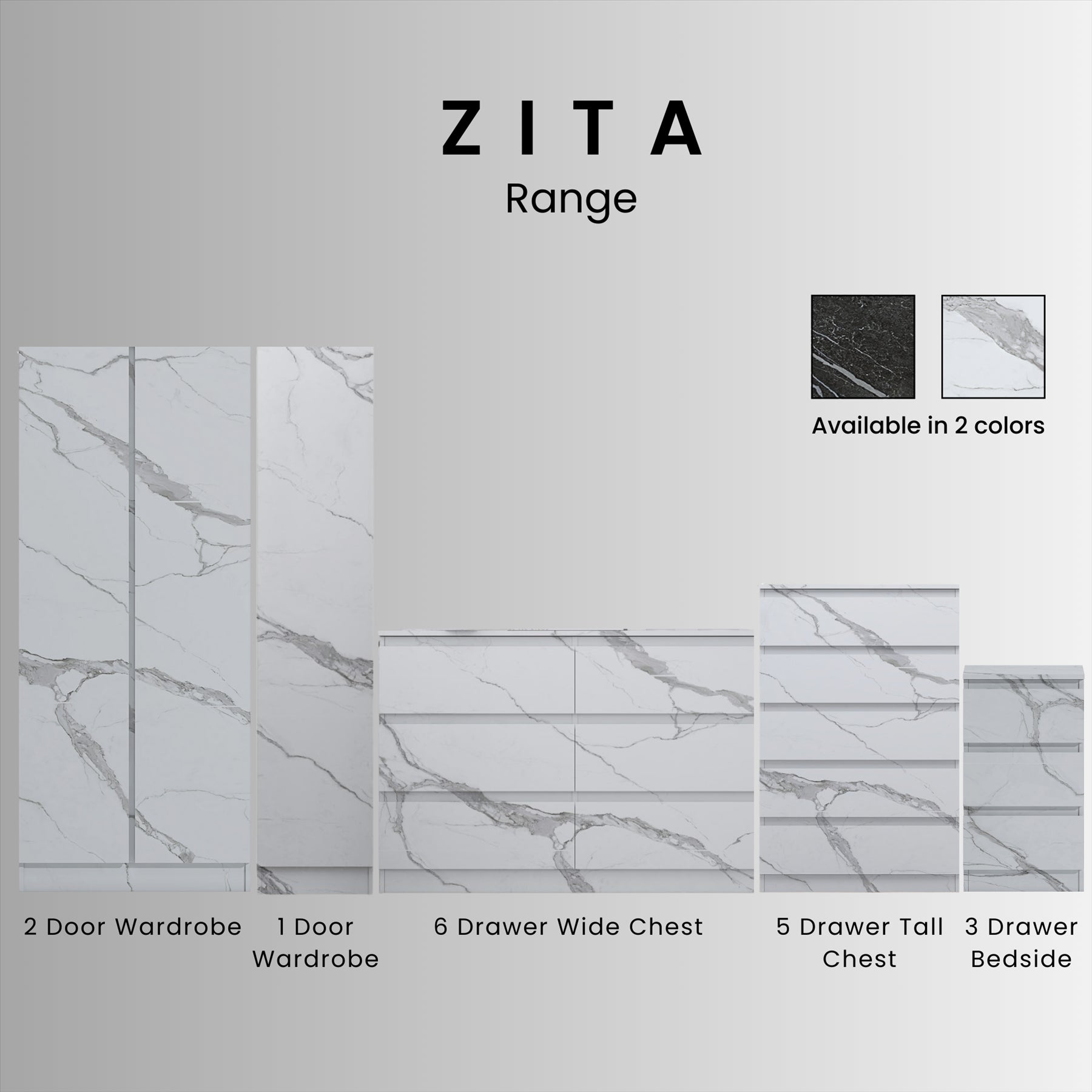 ZITA Bedroom Furniture Range Wardrobe Chest Bedside in White Marble Effect