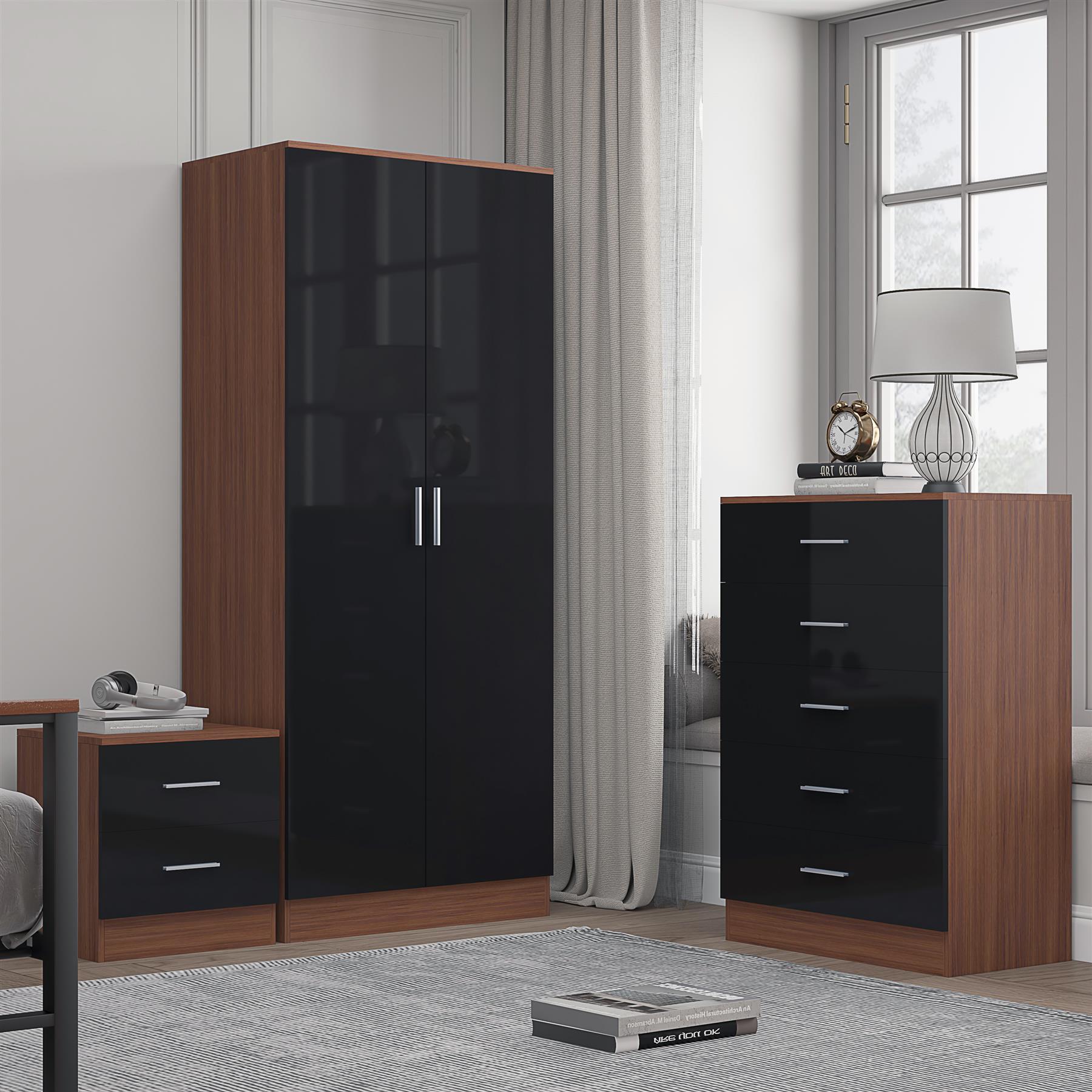 Reflect 2 Door Plain Wardrobe, 5 Drawer Chest, 2 Drawer Bedside - Black Gloss & Walnut - Modern Bedroom Furniture Set