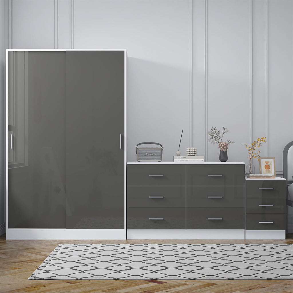 Reflect 2 Door Sliding Wardrobe, 6 Drawer Wide Chest, 3 Drawer Bedside - Grey Gloss & Matt White - Modern Bedroom Furniture Set