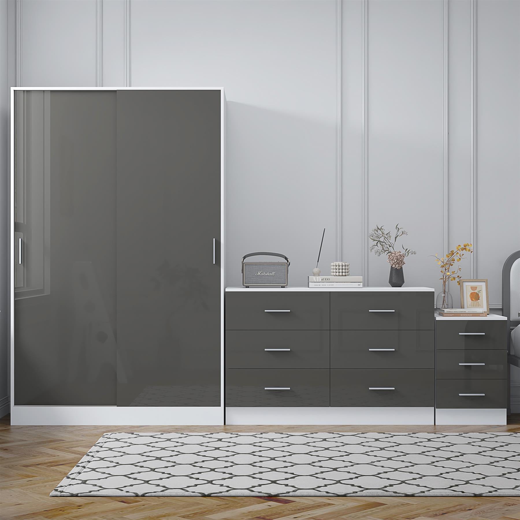 Reflect 2 Door Sliding Wardrobe, 6 Drawer Wide Chest, 3 Drawer Bedside - Grey Gloss & Matt White - Modern Bedroom Furniture Set