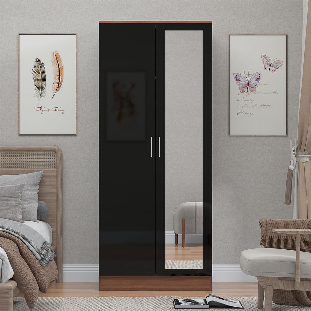 REFLECT High Gloss Bedroom Furniture Wardrobe Chest Bedside Desk - Black/Walnut