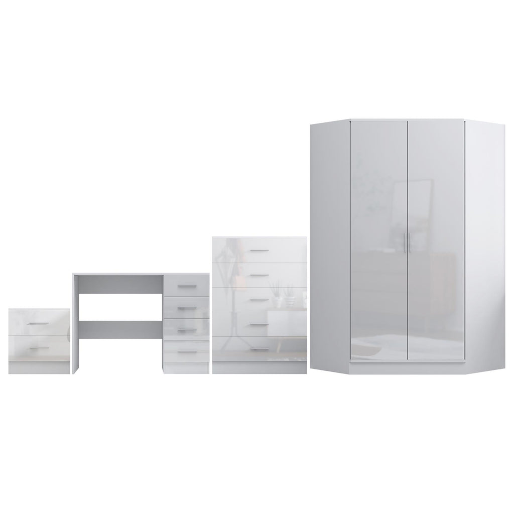 REFLECT Gloss 4pc Set - 2 Door Corner Wardrobe + 5 Draw Chest + Bedside + Desk
