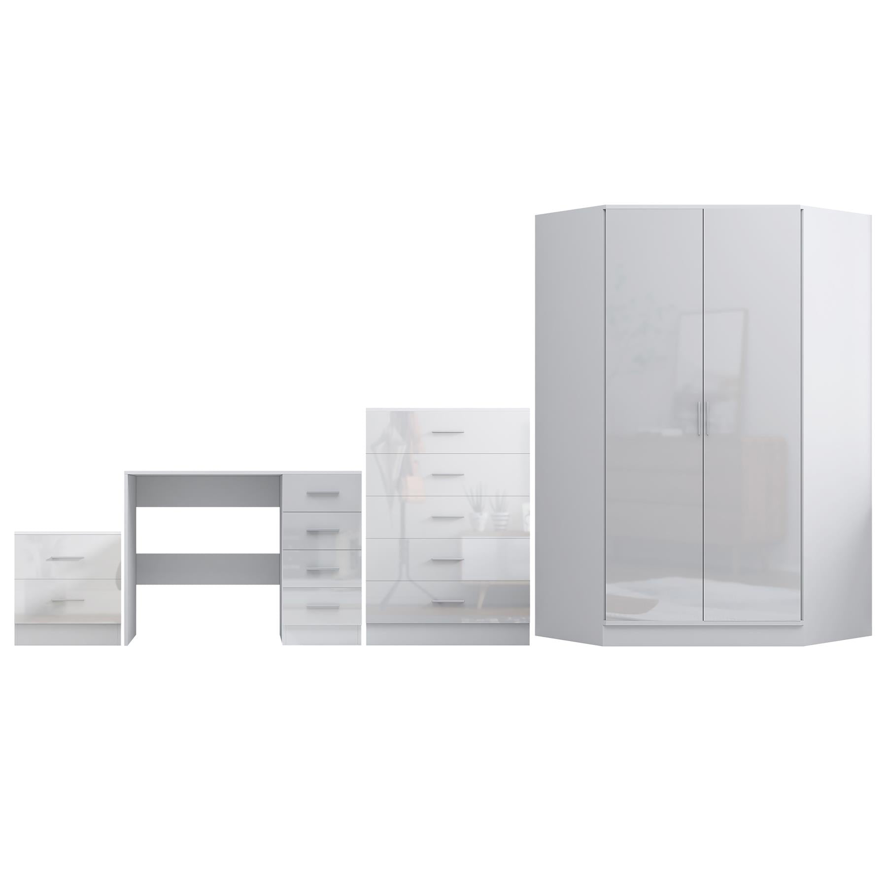 REFLECT Gloss 4pc Set - 2 Door Corner Wardrobe + 5 Draw Chest + Bedside + Desk