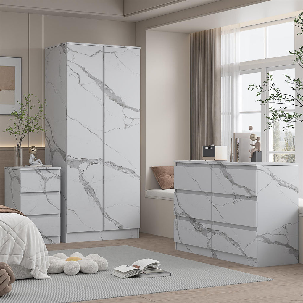 ZITA 3pc Set - 2 Door Wardrobe + Wide Chest + Bedside in White OR Grey Marble