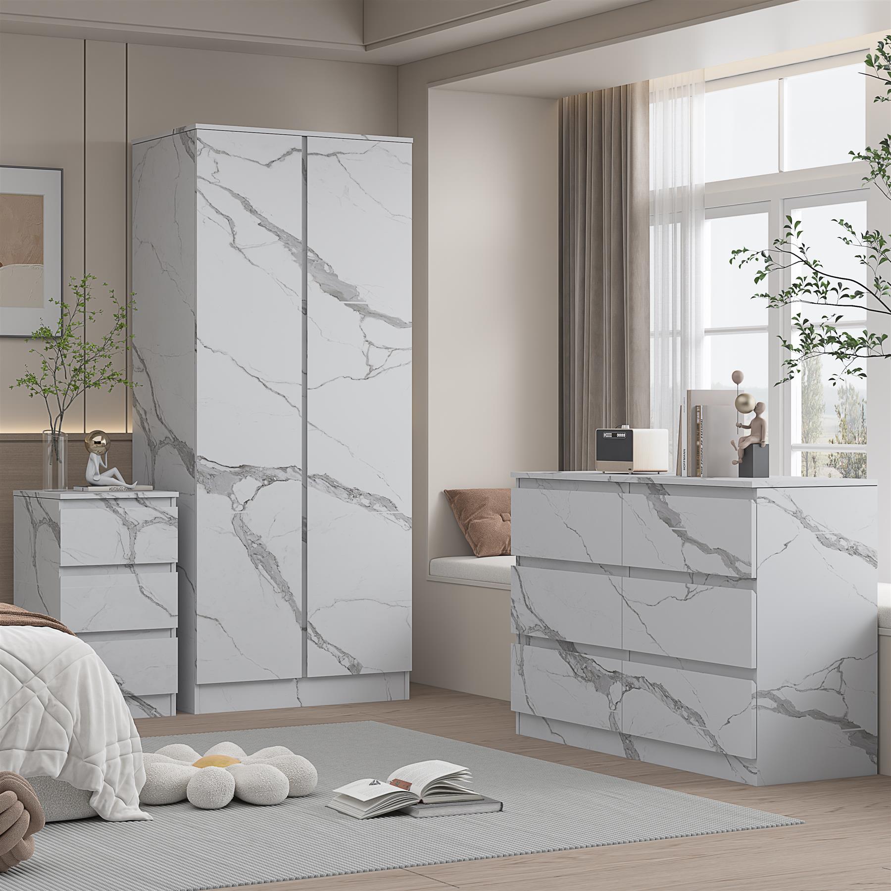 ZITA 3pc Set - 2 Door Wardrobe + Wide Chest + Bedside in White OR Grey Marble