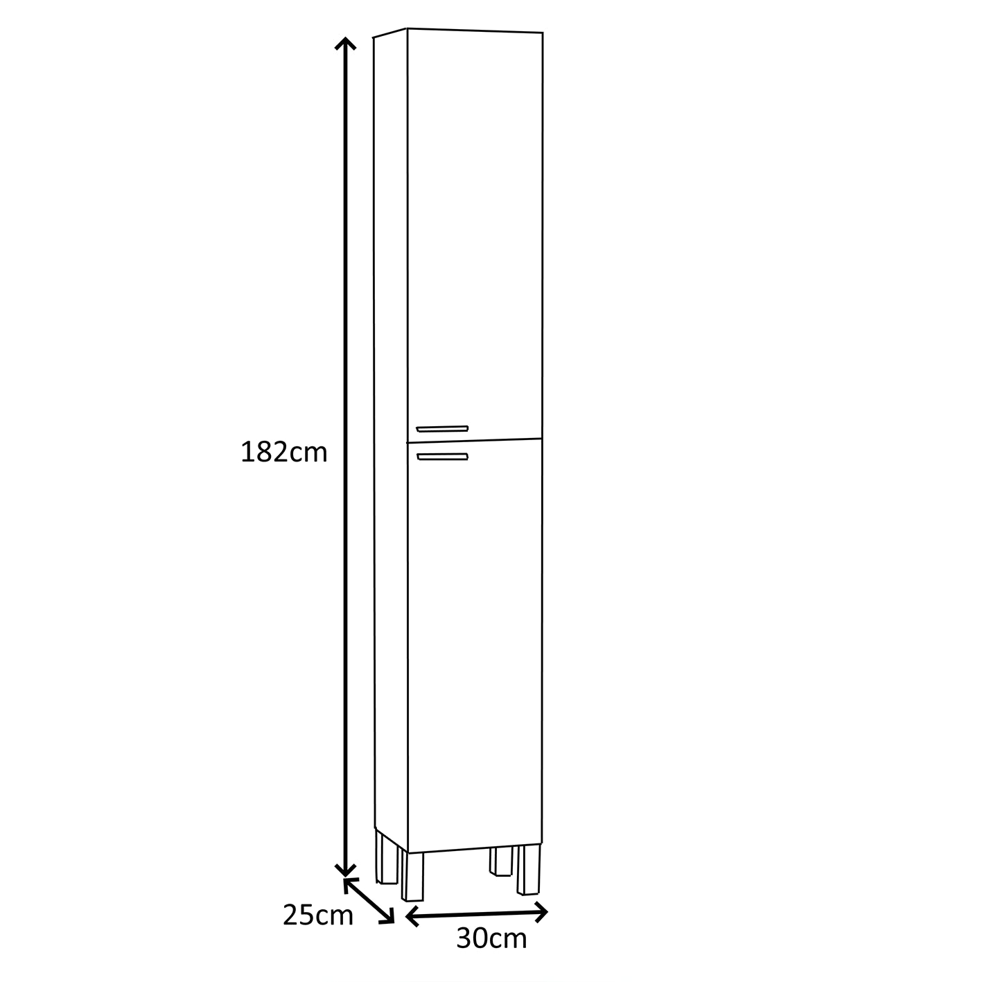 Baltic Grey Ash Wood Effect Tall 2 Door Bathroom Storage Cabinet, Organiser for Toiletries & Towels - H: 182cm x W: 30cm x D: 25cm.