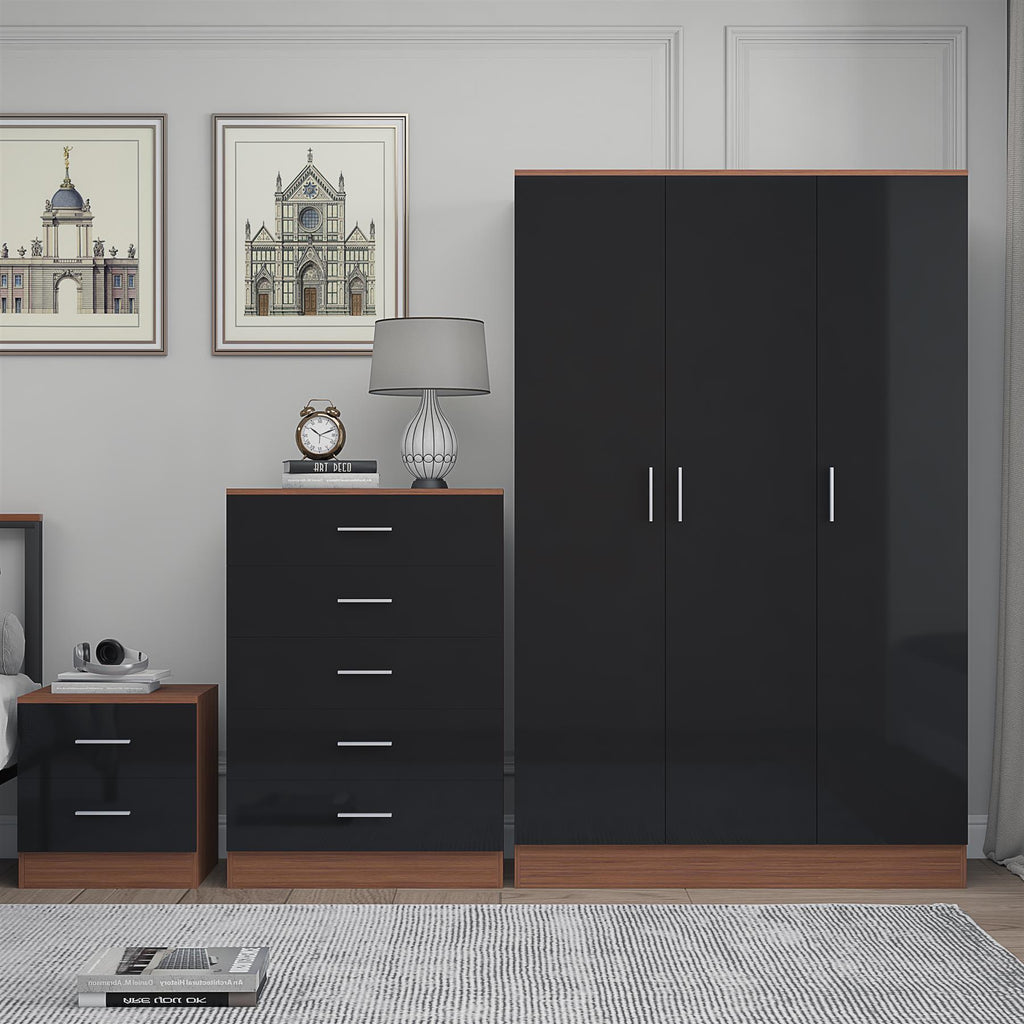 REFLECT Gloss 3pc Bedroom Set - 3 Door Wardrobe + 5 Draw Chest + Bedside