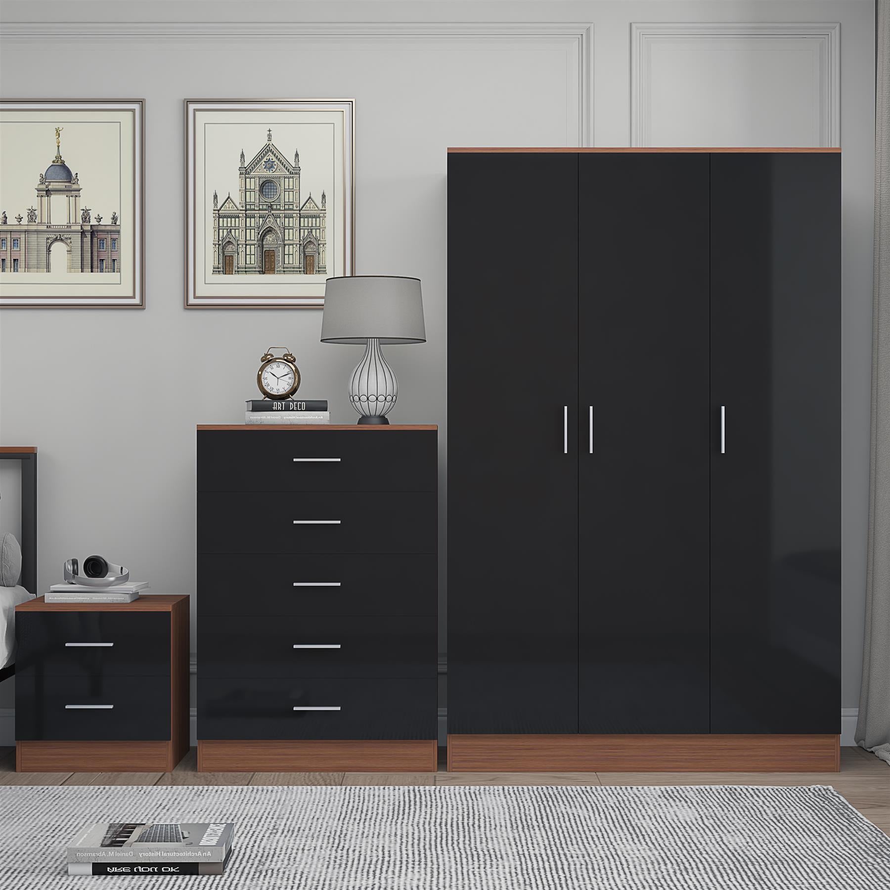 REFLECT Gloss 3pc Bedroom Set - 3 Door Wardrobe + 5 Draw Chest + Bedside