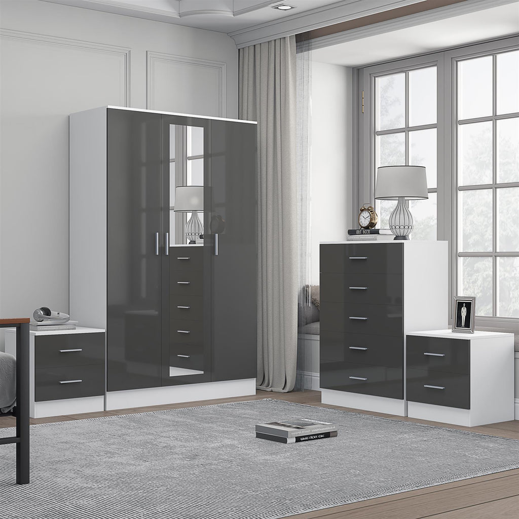 REFLECT Gloss 4pc Set - 3 Door Mirrored Wardrobe + 5 Draw Chest + 2 Bedsides