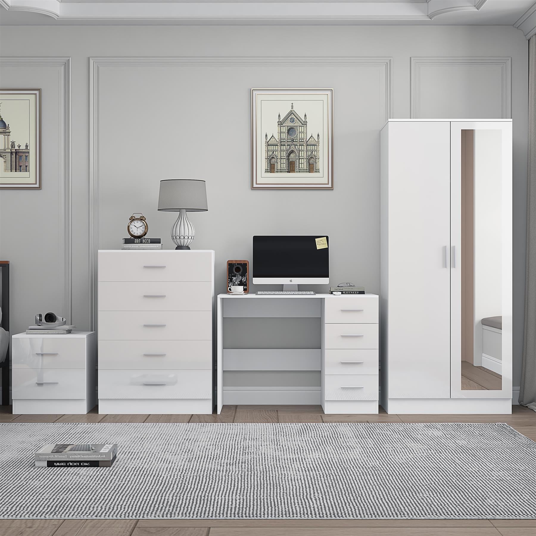 Reflect 2 Door Mirror Wardrobe, 5 Drawer Chest, 2 Drawer Bedside & Desk - White Gloss & Matt White - Modern Bedroom Furniture Set