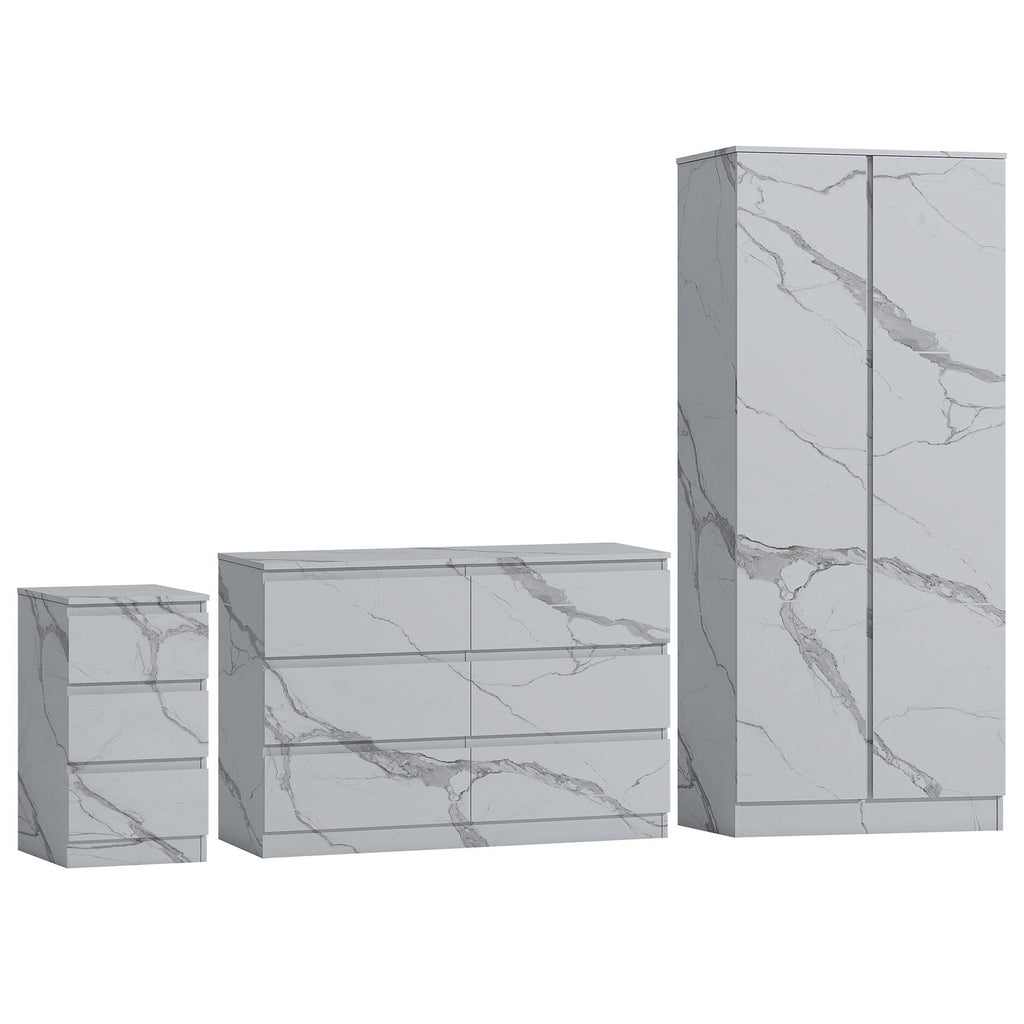 ZITA 3pc Set - 2 Door Wardrobe + Wide Chest + Bedside in White OR Grey Marble