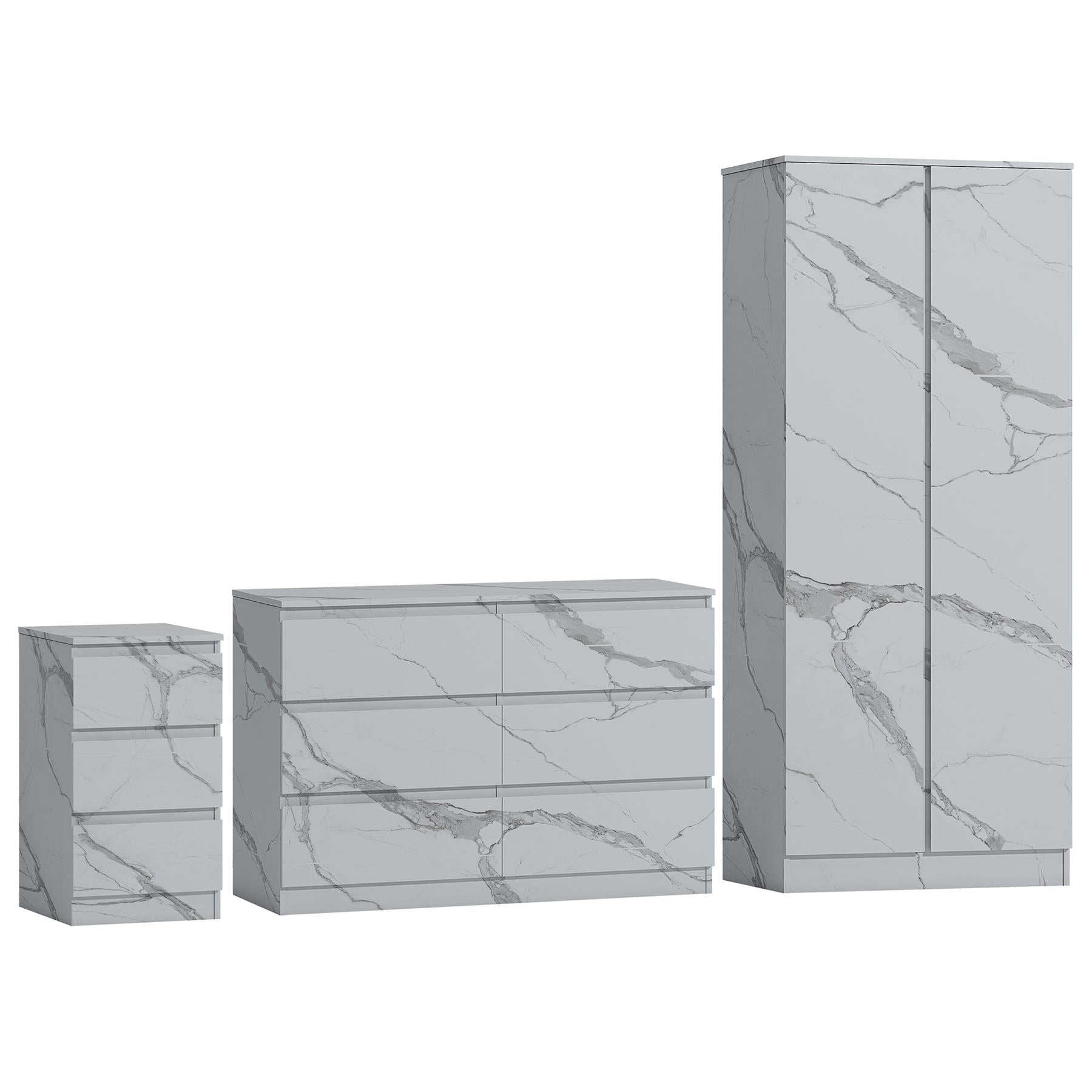 ZITA 3pc Set - 2 Door Wardrobe + Wide Chest + Bedside in White OR Grey Marble