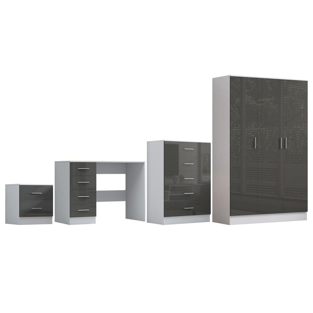 Reflect 3 Door Plain Wardrobe, 5 Drawer Chest, 2 Drawer Bedside & Desk - Grey Gloss & Matt White - Modern Bedroom Furniture Set