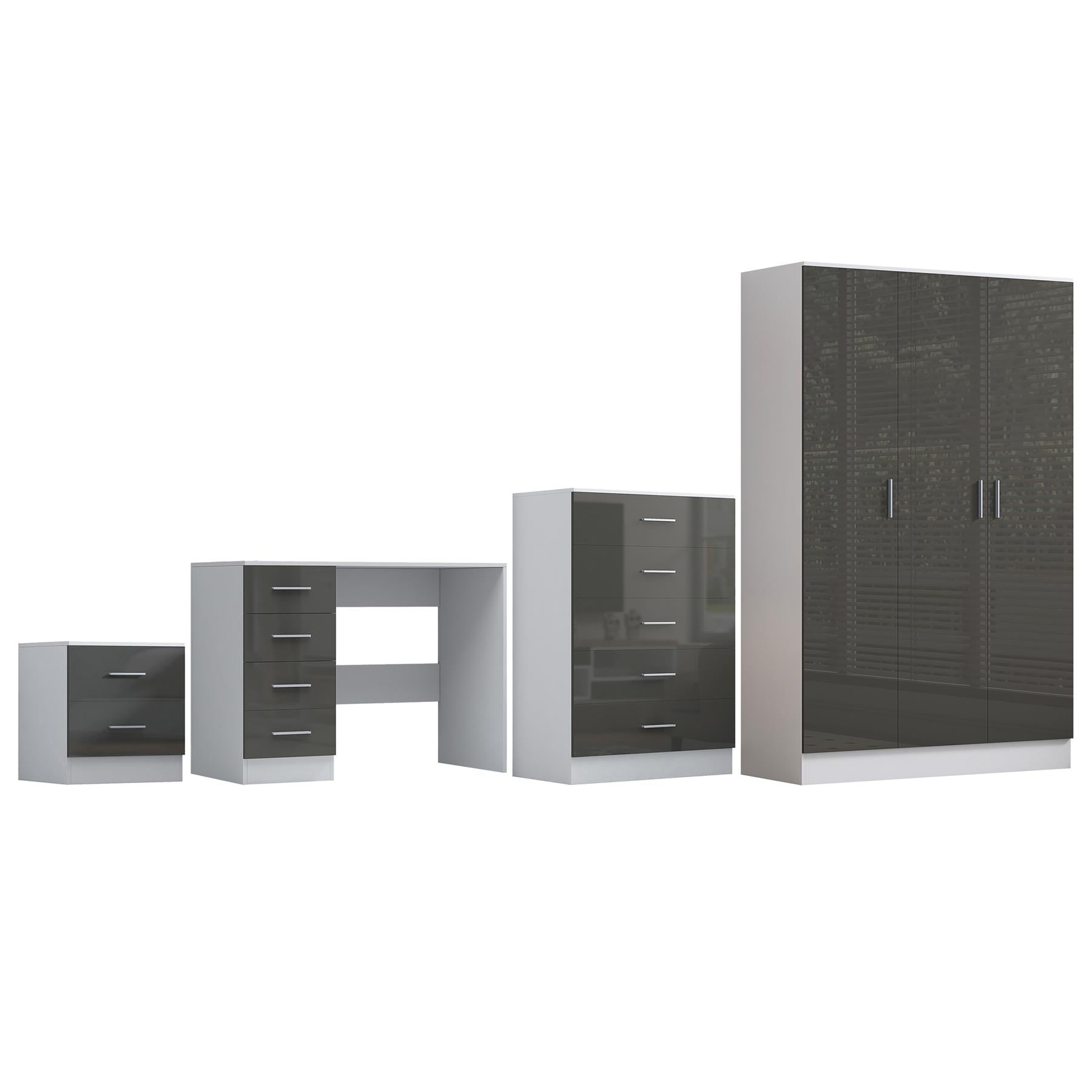 Reflect 3 Door Plain Wardrobe, 5 Drawer Chest, 2 Drawer Bedside & Desk - Grey Gloss & Matt White - Modern Bedroom Furniture Set