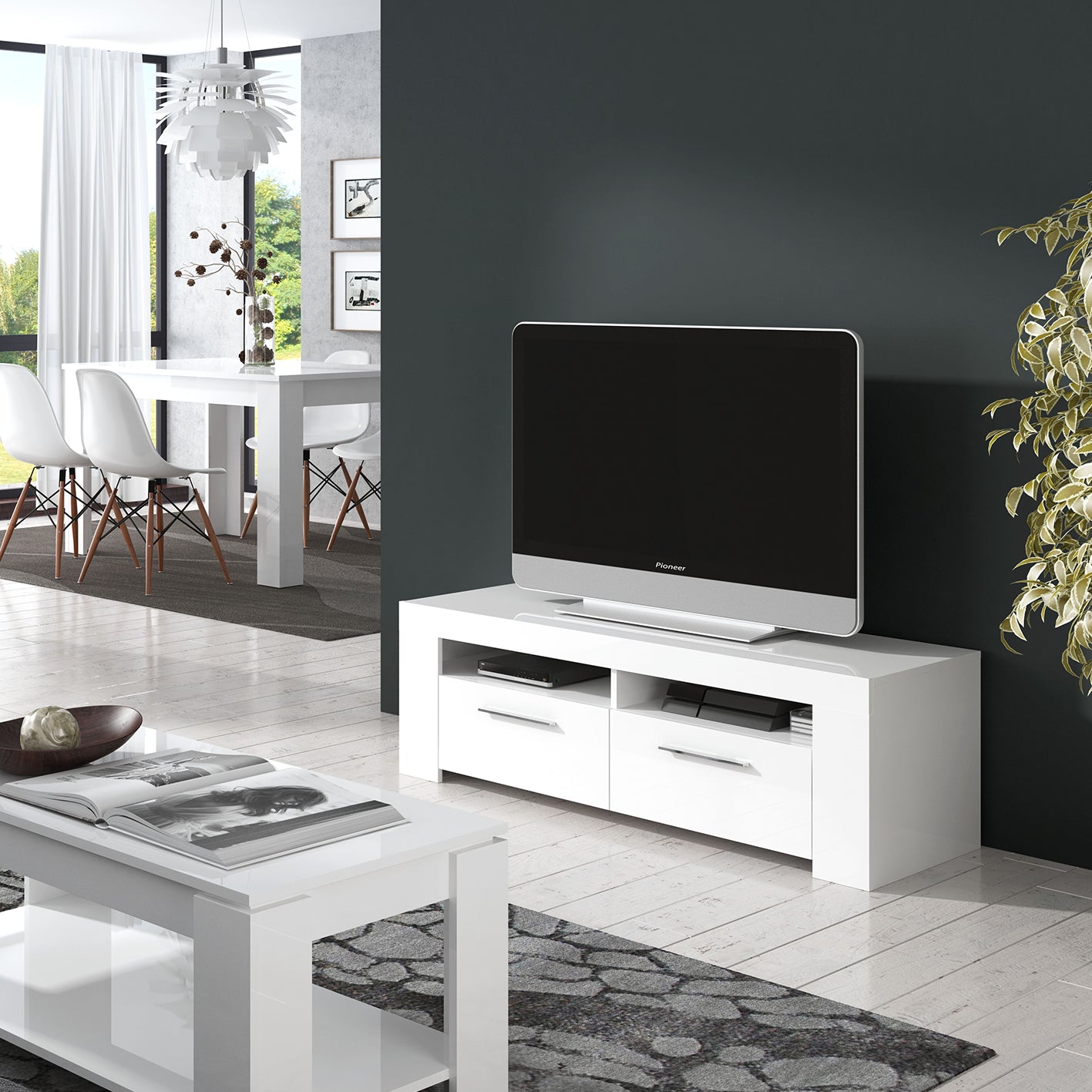 AMBIT White Dual Zone Under TV Unit - Modern Media Entertainment Cabinet - H: 43cm x W: 120cm x D: 42cm