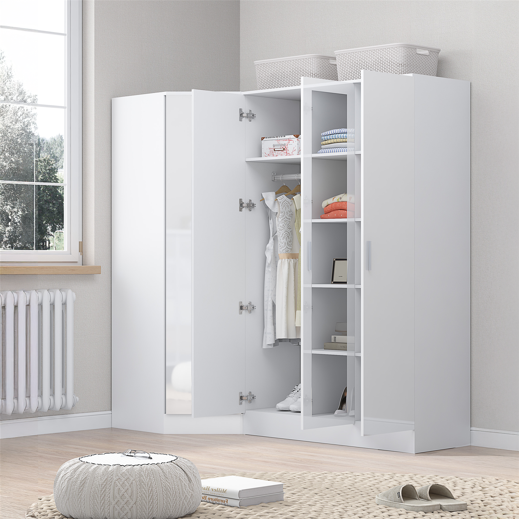 REFLECT - 1 Door Corner + 3 Door Mirror Wardrobe in Gloss White / Matt White