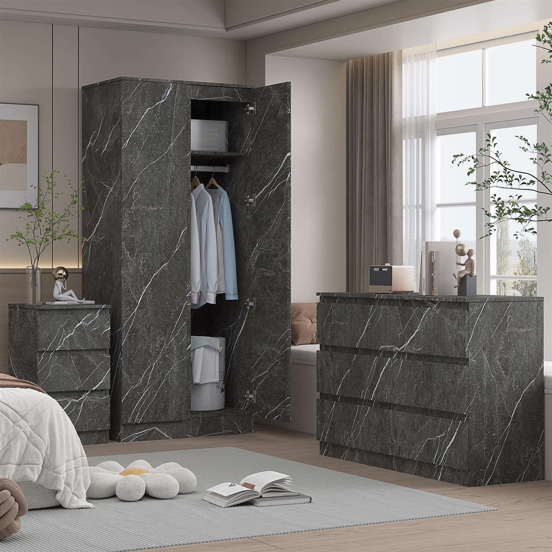 ZITA 3pc Set - 2 Door Wardrobe + Wide Chest + Bedside in White OR Grey Marble