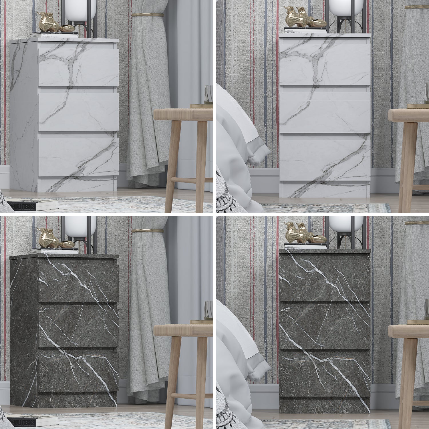 ZITA Bedroom Furniture Tall 3 Drawer Bedside in White OR Grey Marble Colour