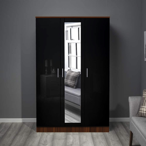 3 Door Mirrored Wardrobe - Black Gloss/Walnut REFLECT