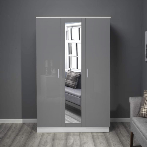 3 Door Mirrored Wardrobe - Grey Gloss/Matt White REFLECT