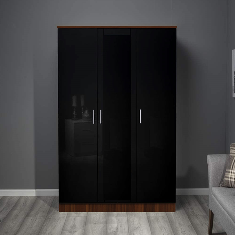 3 Door Plain Wardrobe - Black Gloss/Walnut REFLECT