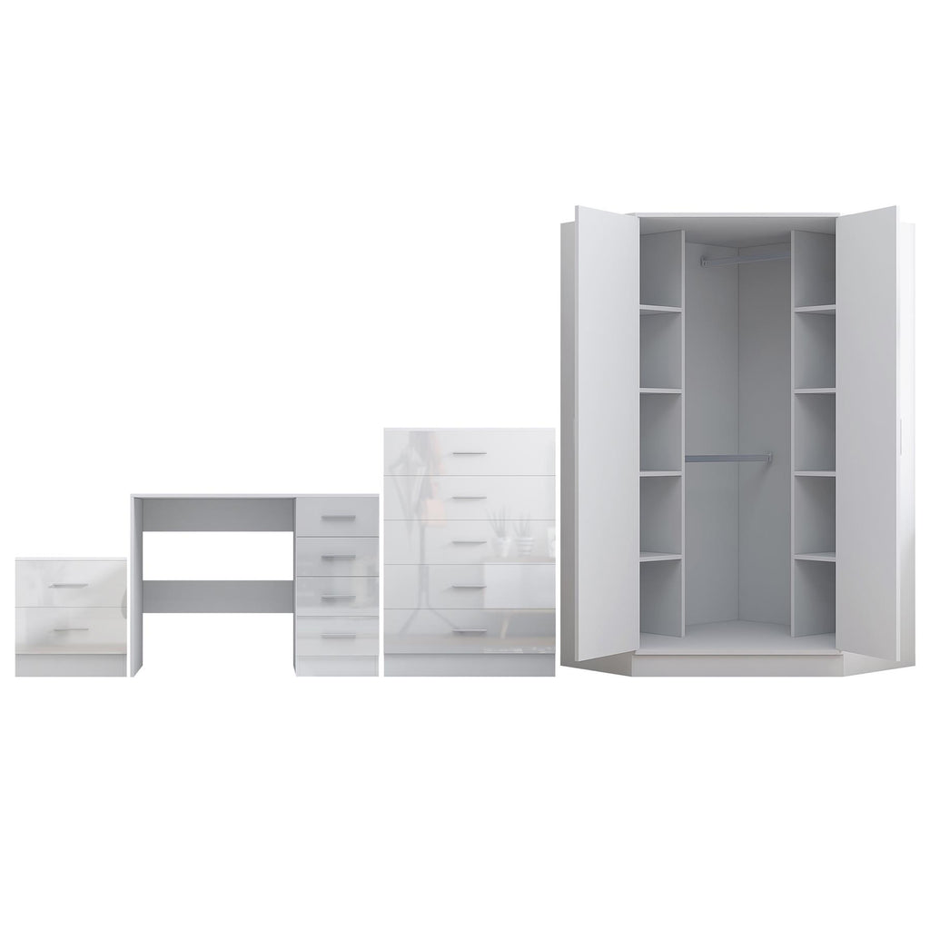 REFLECT Gloss 4pc Set - 2 Door Corner Wardrobe + 5 Draw Chest + Bedside + Desk
