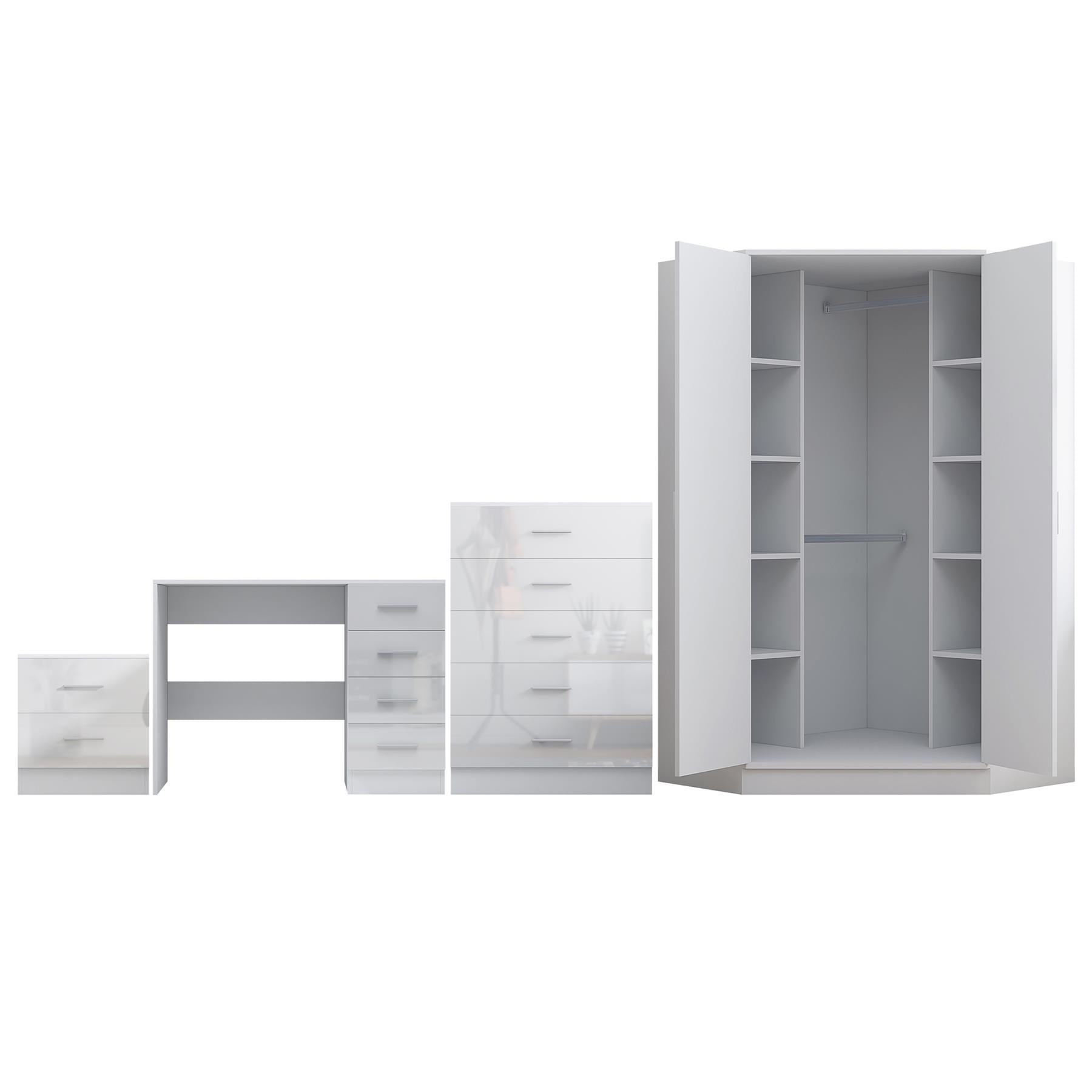 REFLECT Gloss 4pc Set - 2 Door Corner Wardrobe + 5 Draw Chest + Bedside + Desk