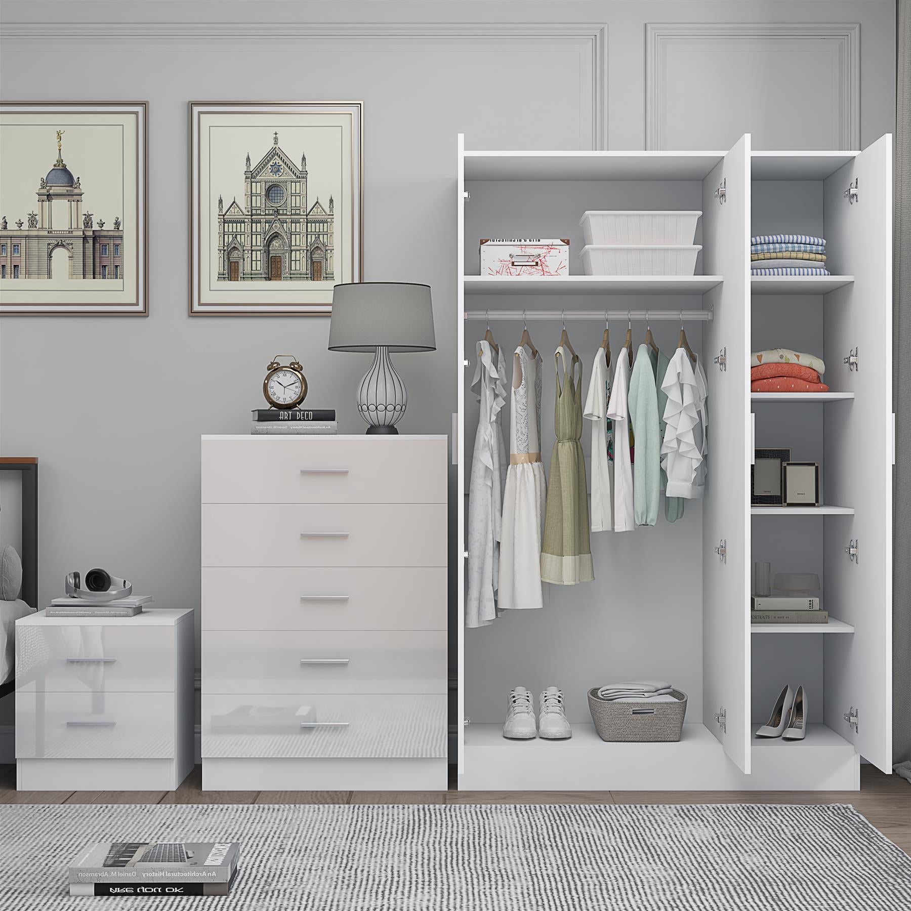 REFLECT Gloss 3pc Set - 3 Door Mirrored Wardrobe + 5 Draw Chest + Bedside