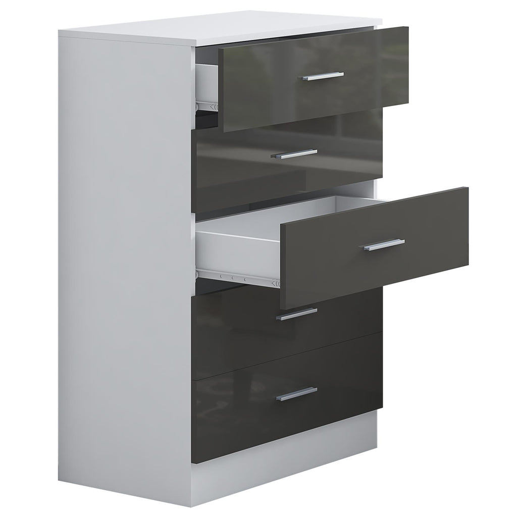 Reflect 5 Drawer Chest - Grey Gloss & Matt White - Modern Vertical Bedroom Storage Unit - H: 100cm x W: 70cm x D: 40cm