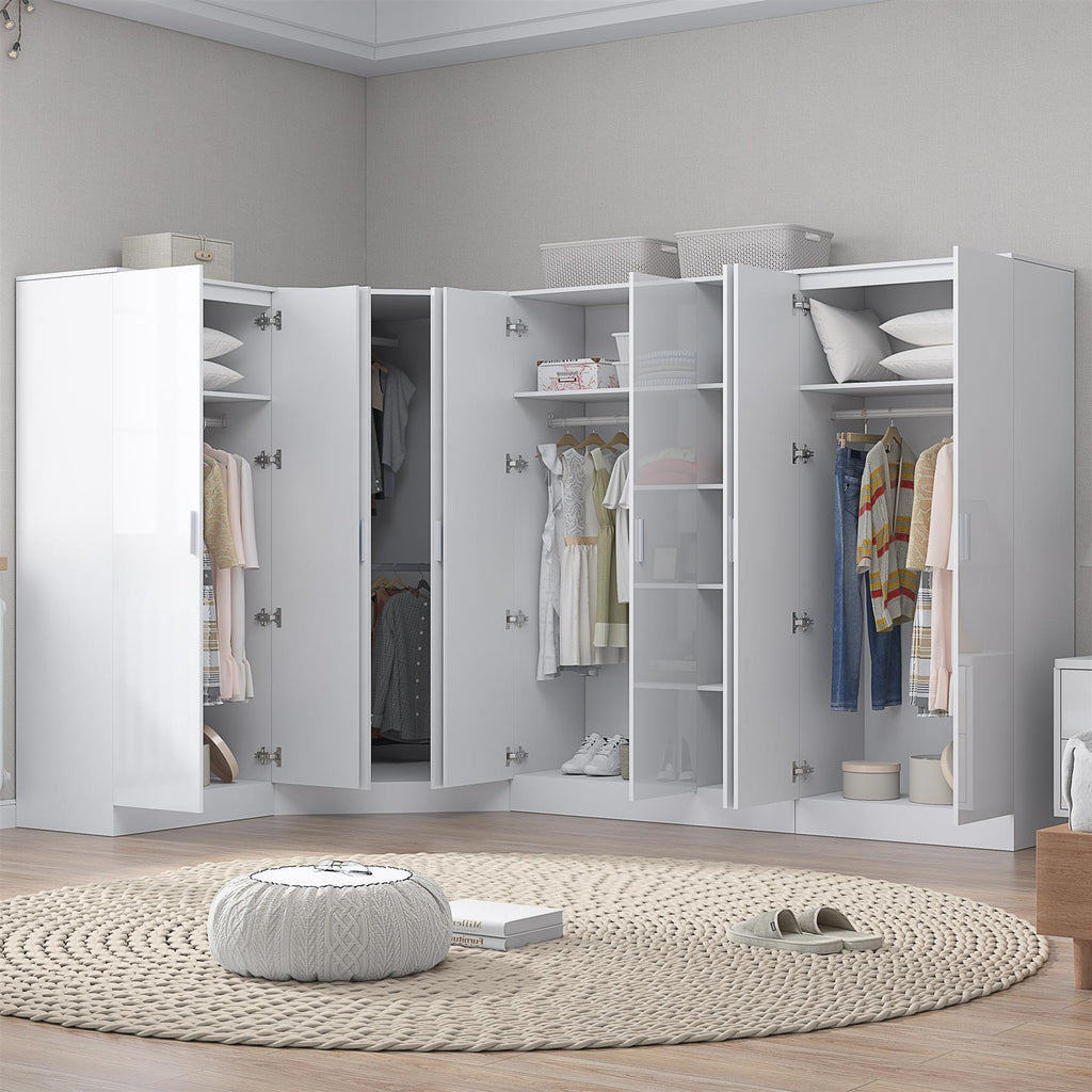 Reflect 4pc Wardrobe Bundle - 2 Door Corner + 3 Door Plain + 2x 2 Door Plain - White Gloss & Matt White