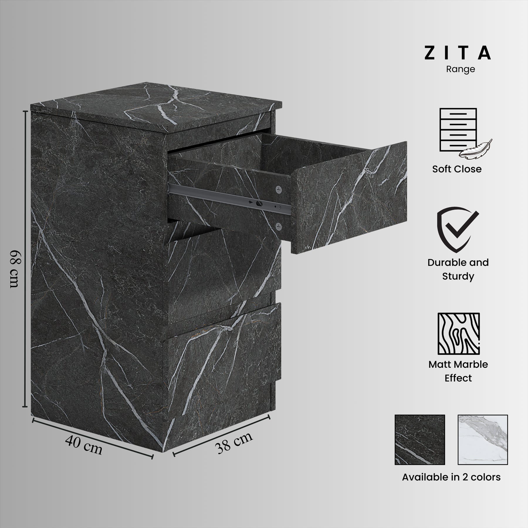 ZITA Grey Marble Effect 3 Piece Bedroom Set - 1-Door Wardrobe, Wide Chest & Bedside Table, Stylish Modern Bedroom Furniture