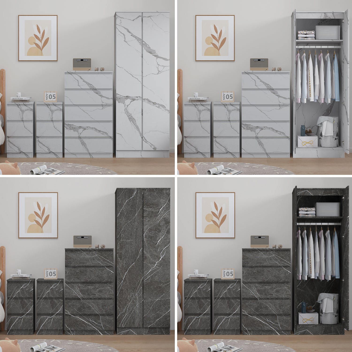 ZITA 4pc Set - 2 Door Wardrobe + Tall Chest + 2 Bedsides in White OR Grey Marble
