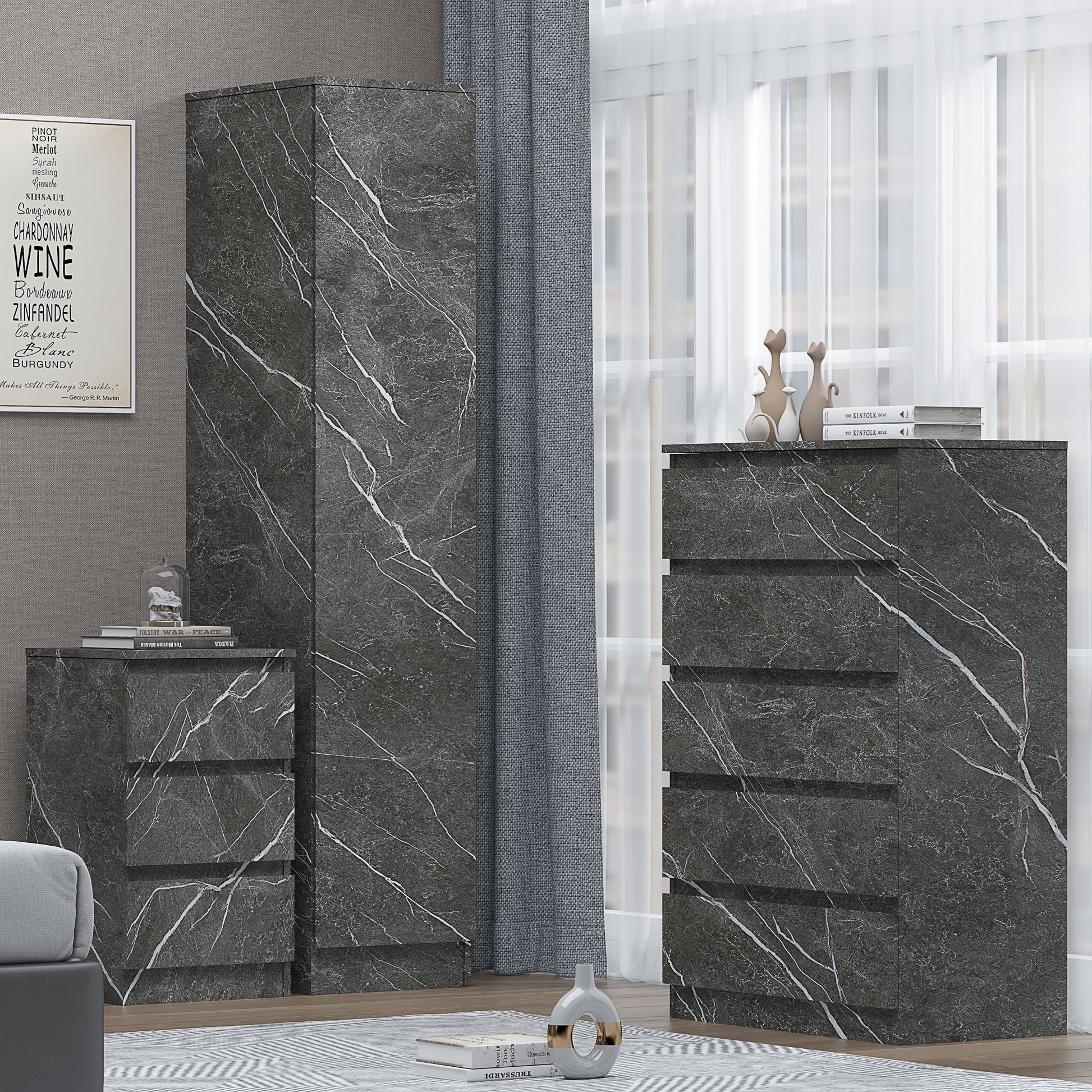 3pc grey marble wardrobe set 1 door 5 draw bedside