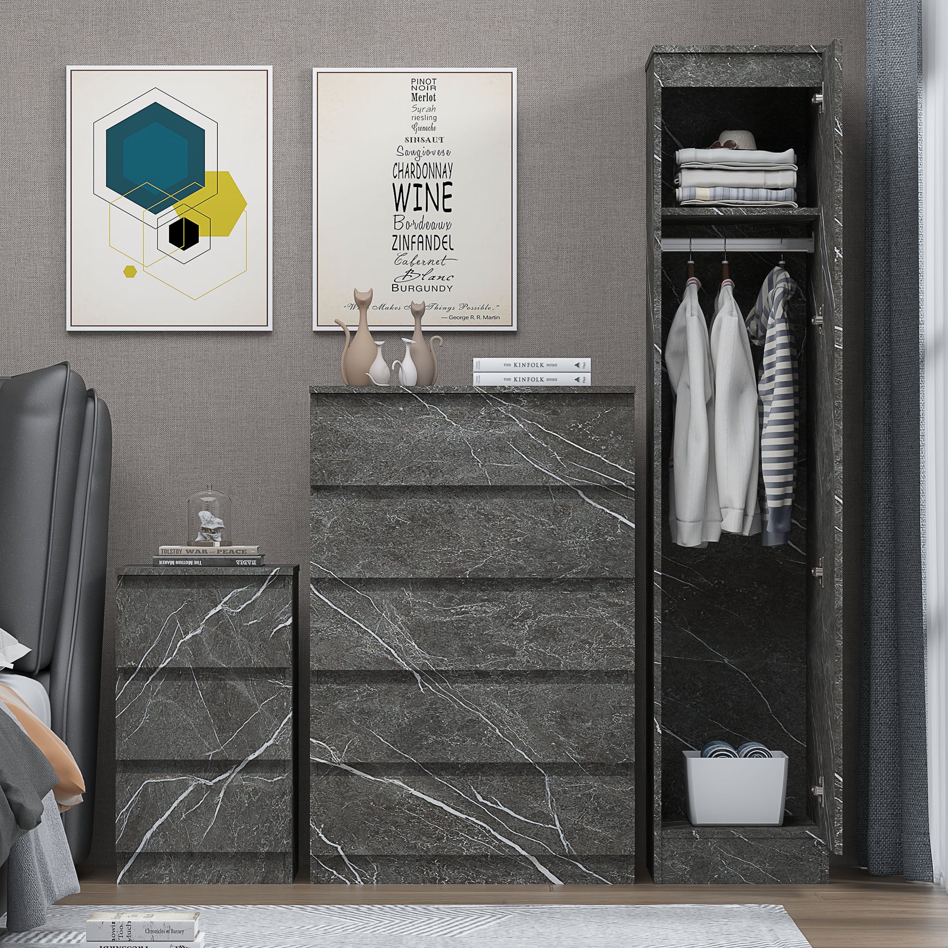 3pc grey marble wardrobe set 1 door 5 draw bedside