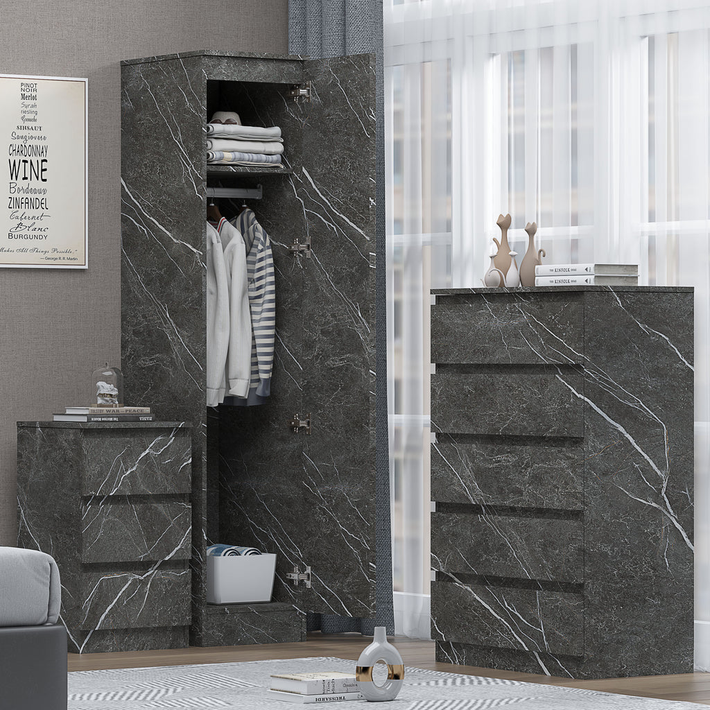 3pc grey marble wardrobe set 1 door 5 draw bedside