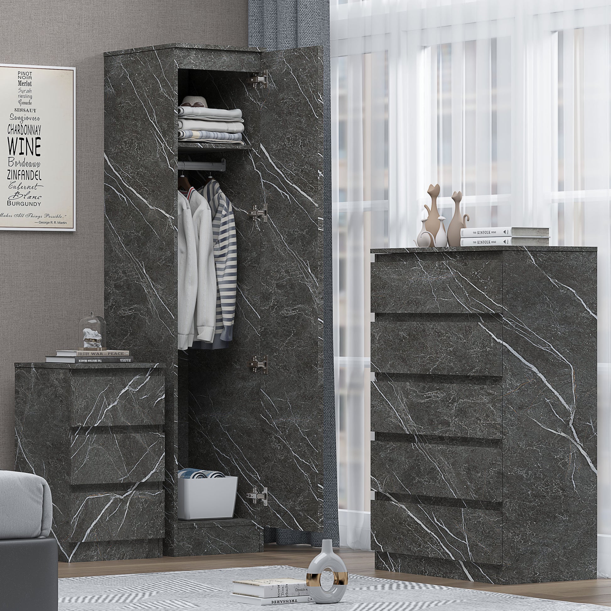 3pc grey marble wardrobe set 1 door 5 draw bedside