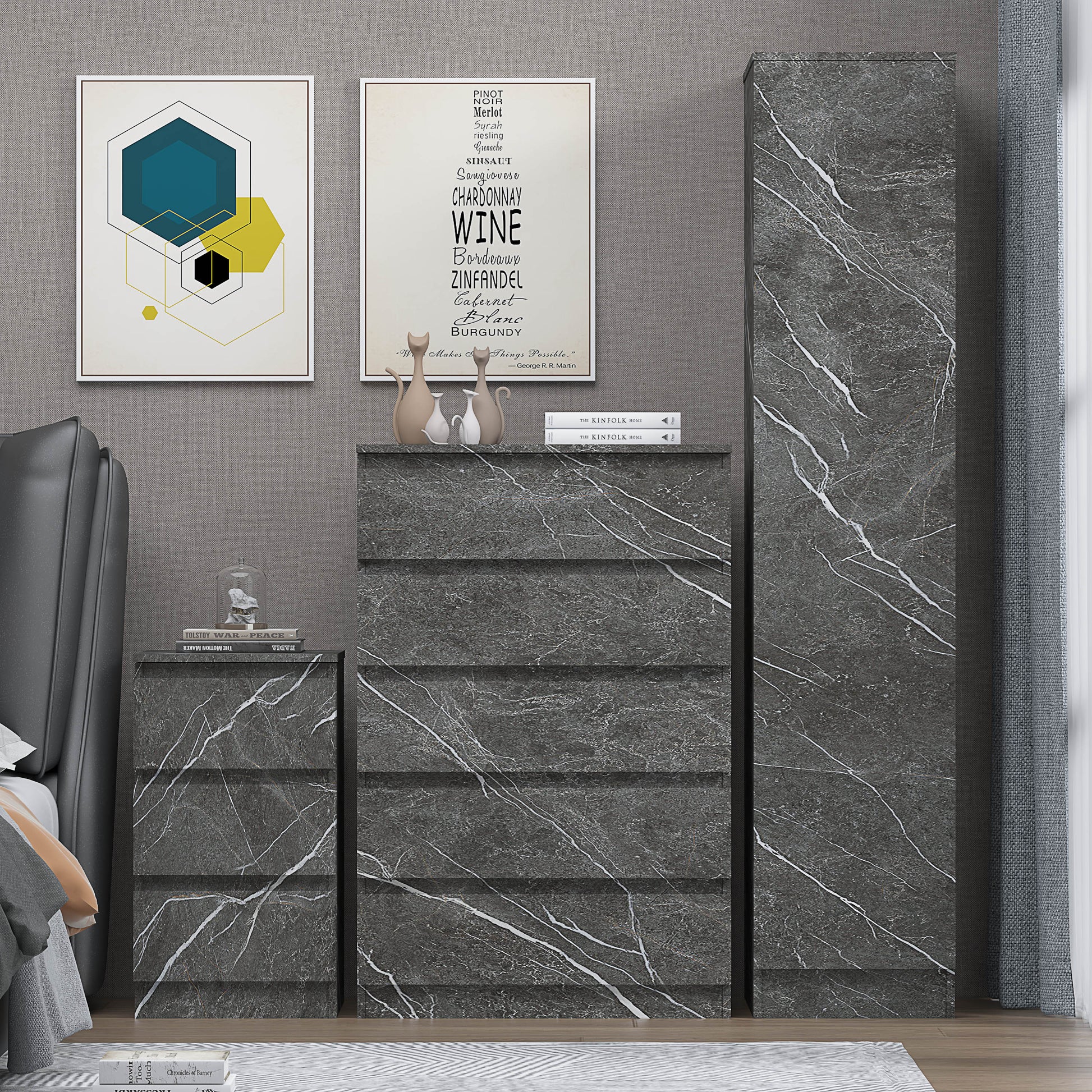 3pc grey marble wardrobe set 1 door 5 draw bedside