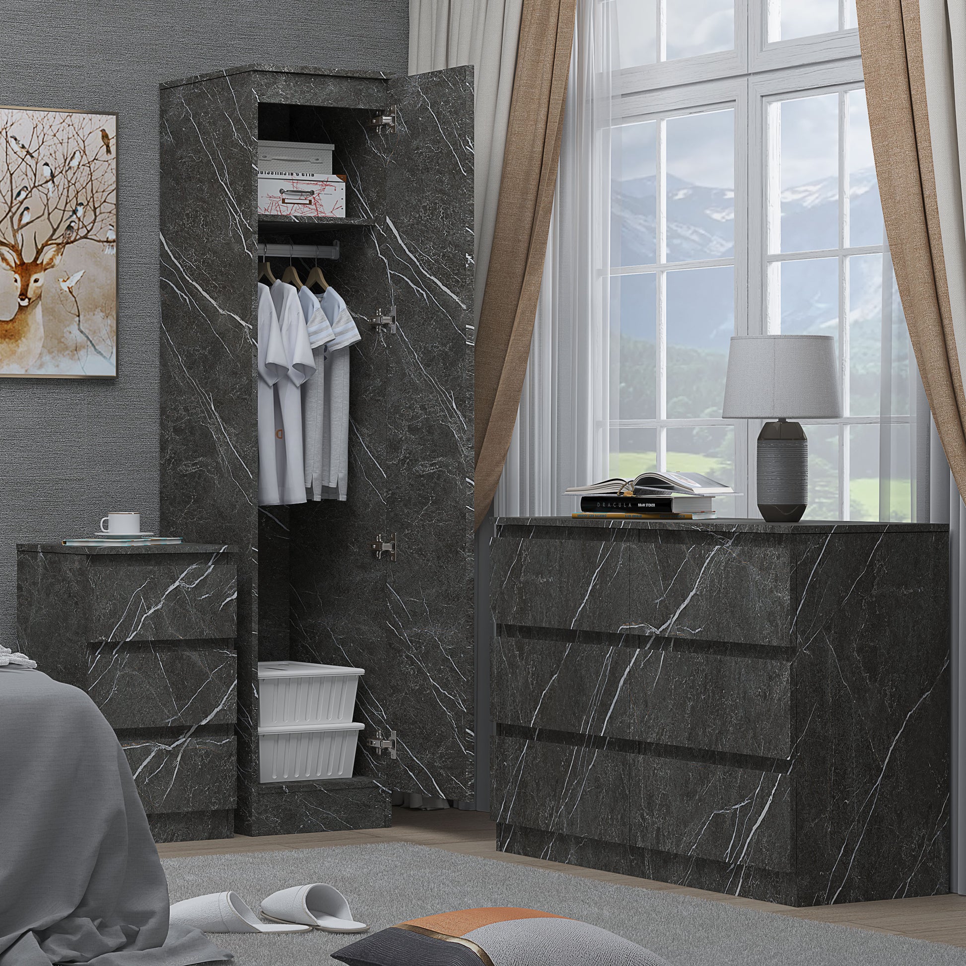3pc grey marble wardrobe set 1 door 6 draw bedside