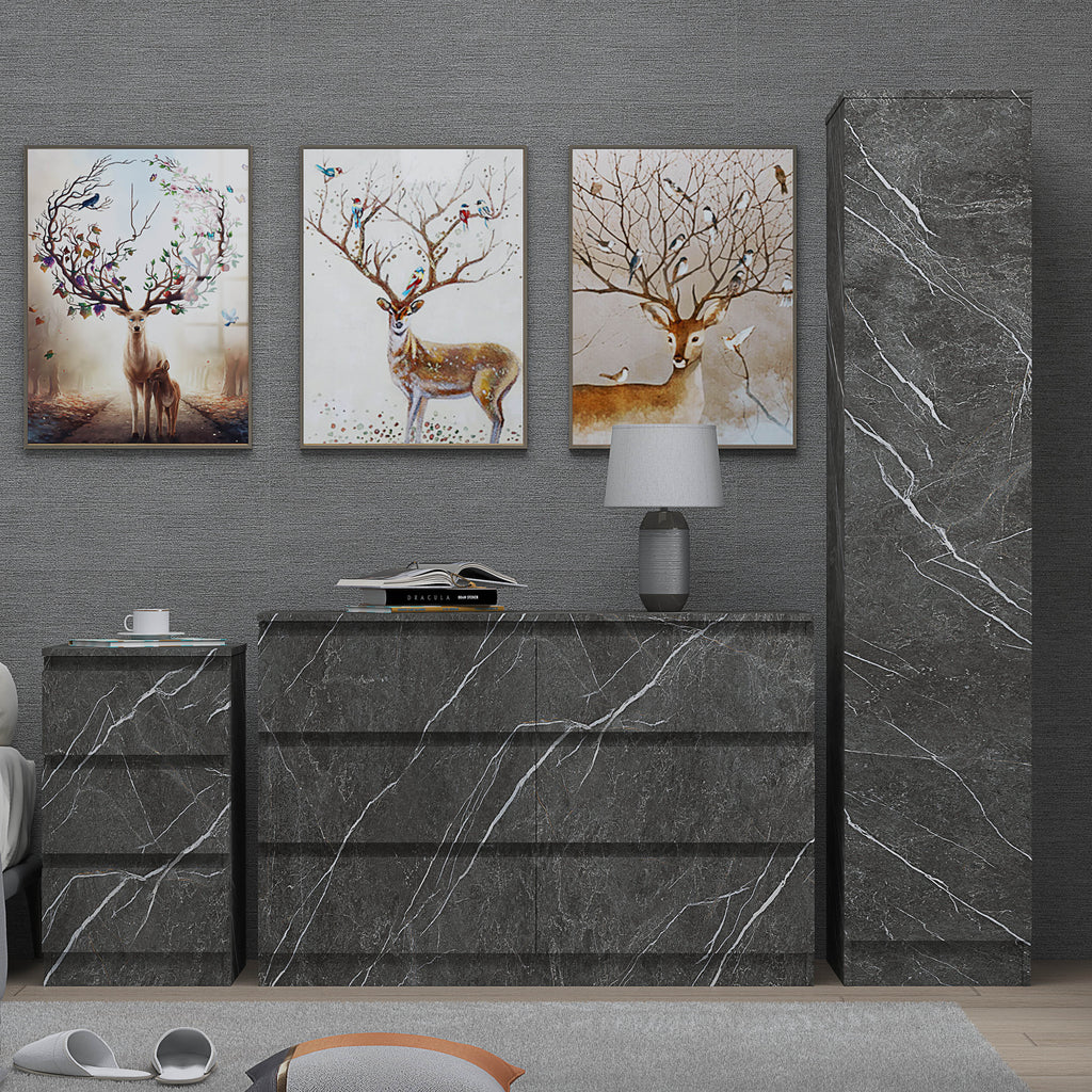 3pc grey marble wardrobe set 1 door 6 draw bedside