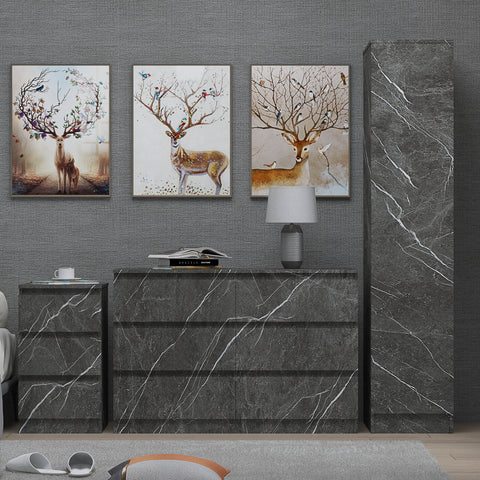 3pc grey marble wardrobe set 1 door 6 draw bedside