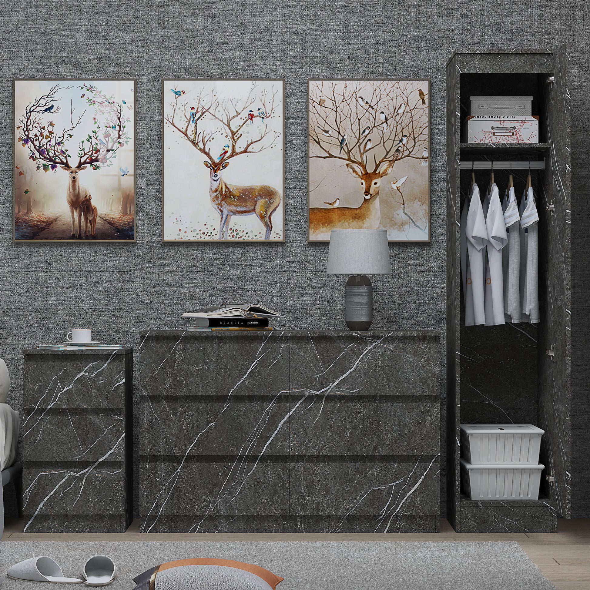 3pc grey marble wardrobe set 1 door 6 draw bedside