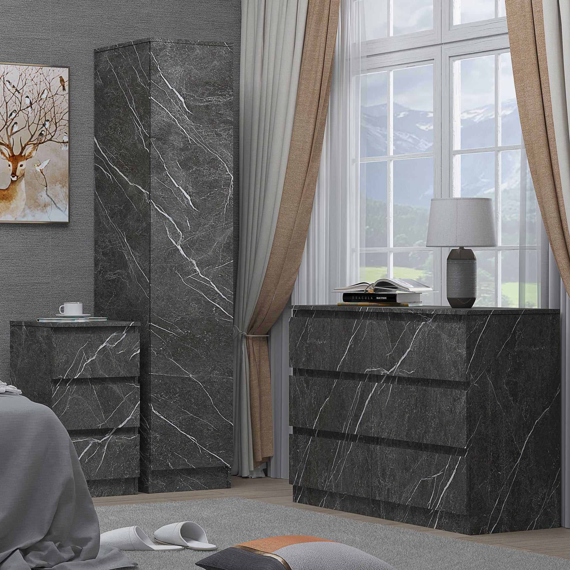 3pc grey marble wardrobe set 1 door 6 draw bedside