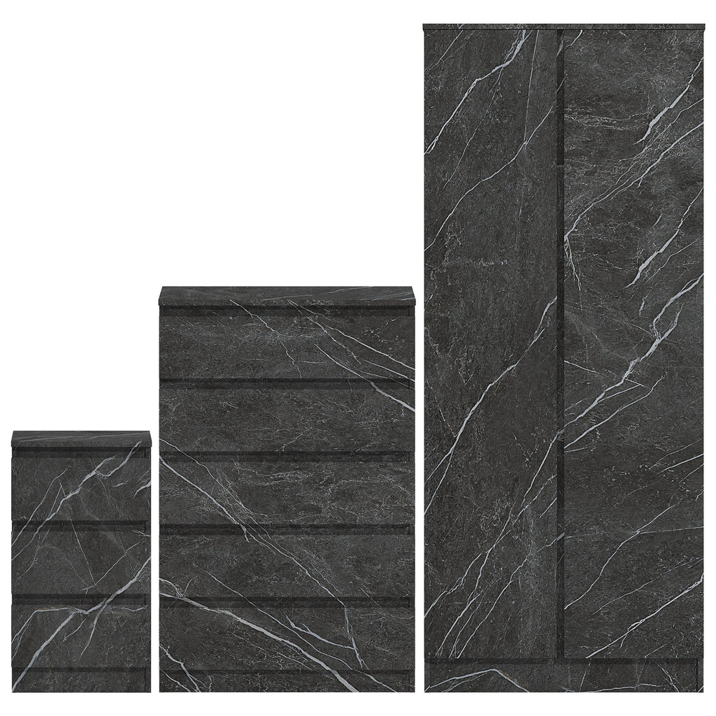 3pc grey marble wardrobe set 2 door 5 draw bedside