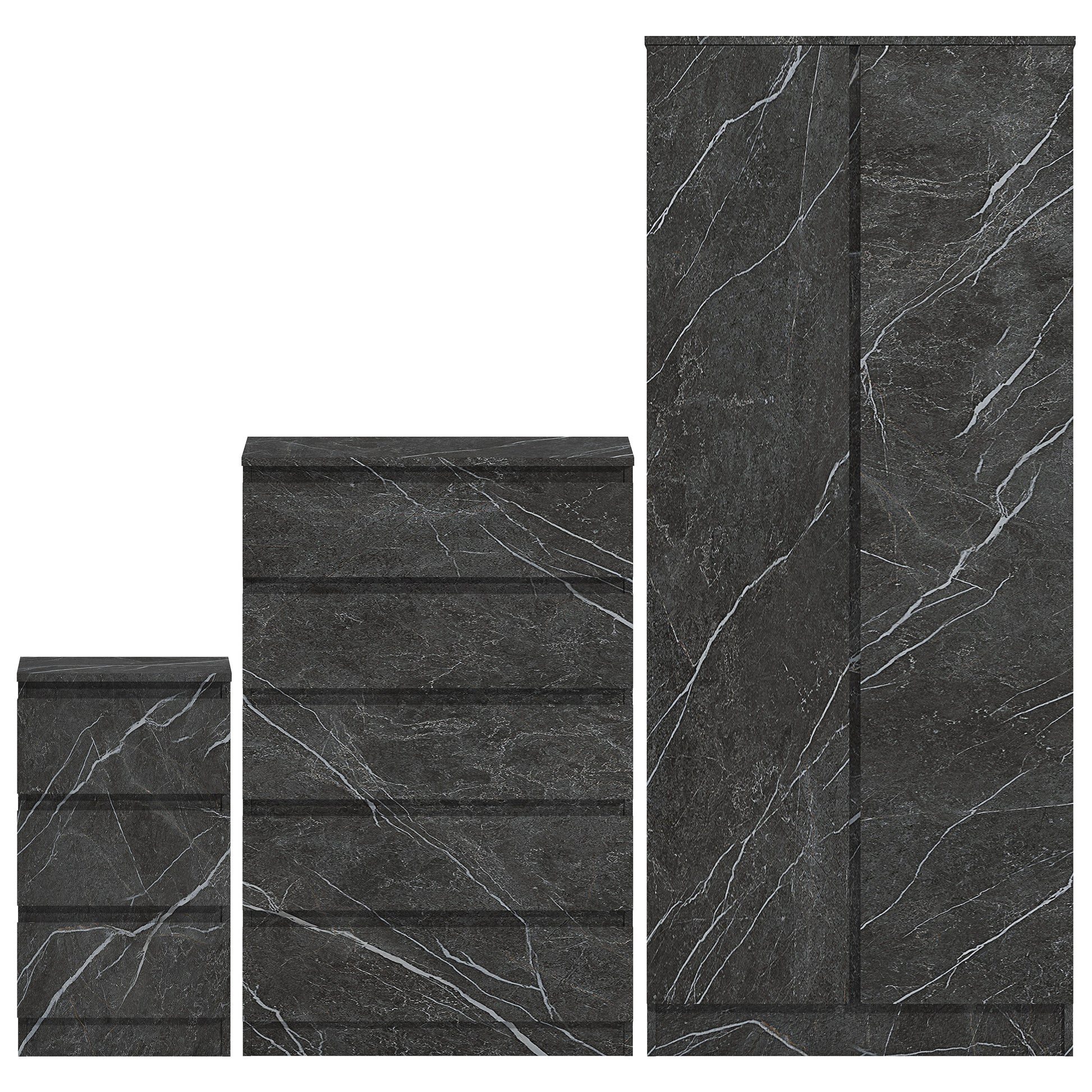 3pc grey marble wardrobe set 2 door 5 draw bedside
