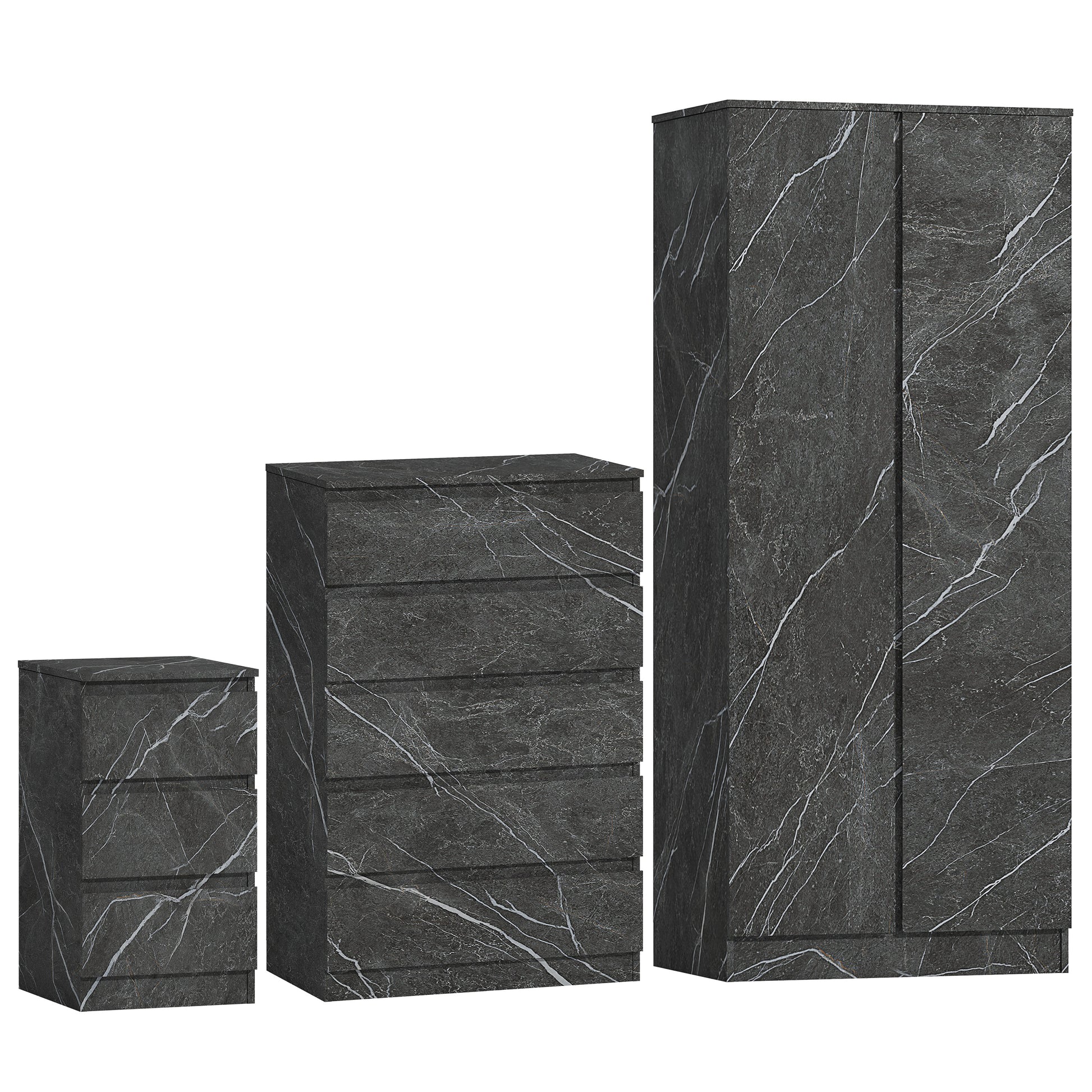 3pc grey marble wardrobe set 2 door 5 draw bedside