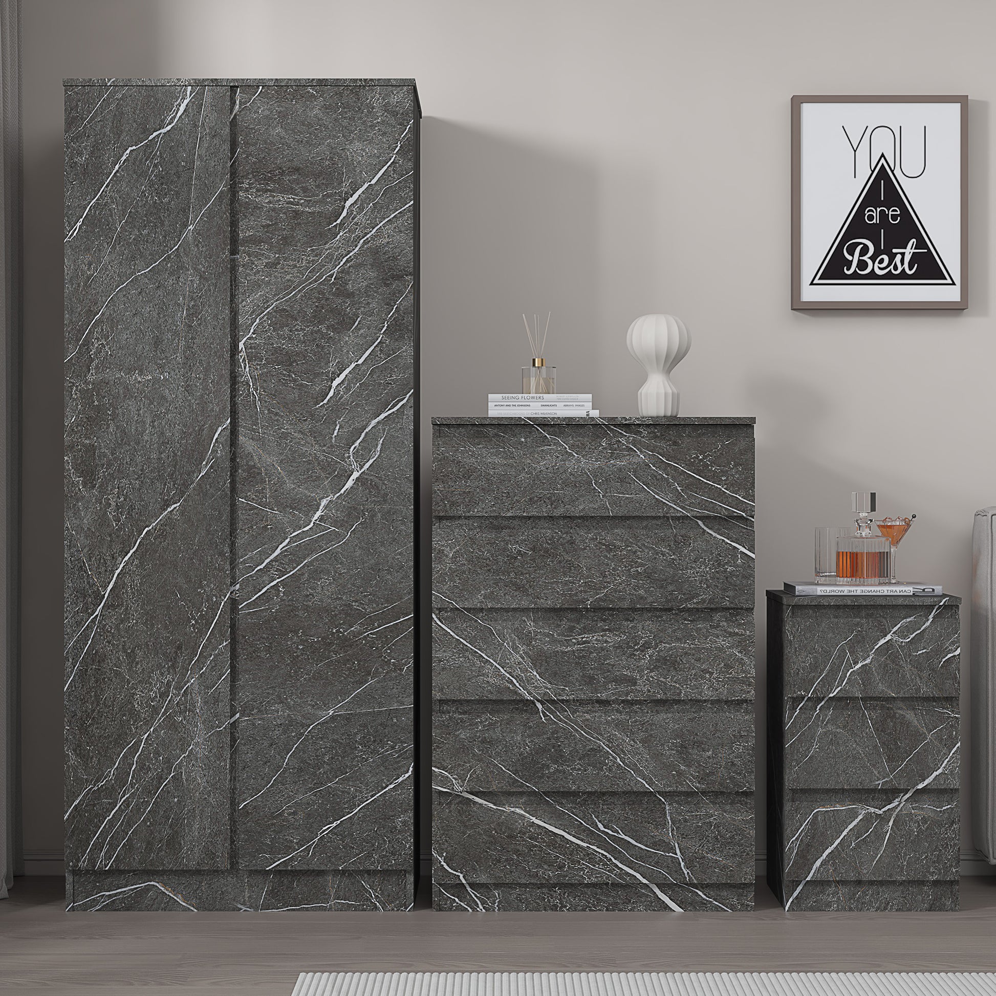 3pc grey marble wardrobe set 2 door 5 draw bedside