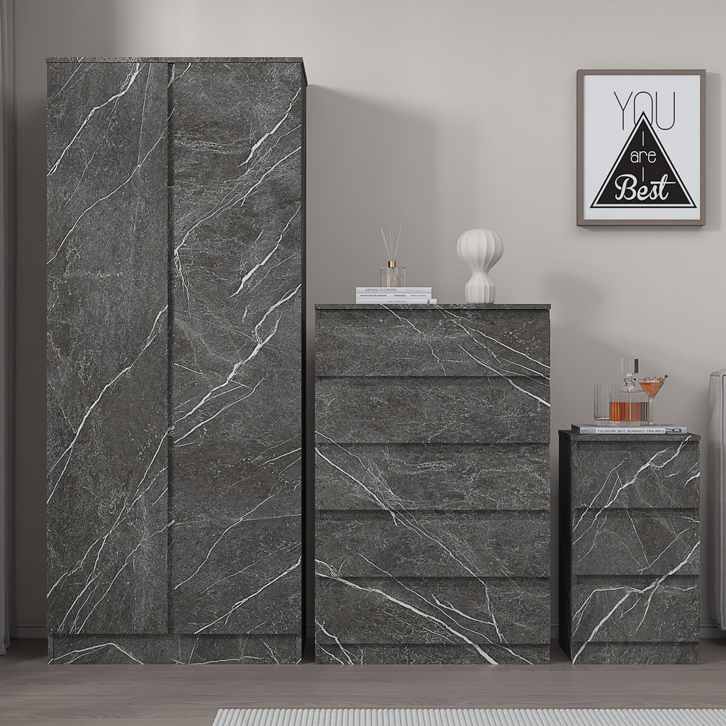 3pc grey marble wardrobe set 2 door 5 draw bedside