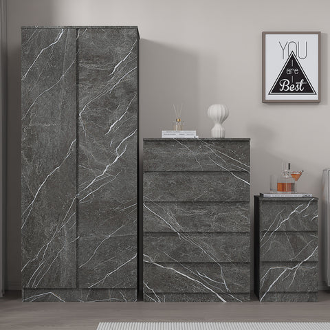 3pc grey marble wardrobe set 2 door 5 draw bedside